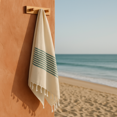 Fouta artisanale beige / rayures vertes