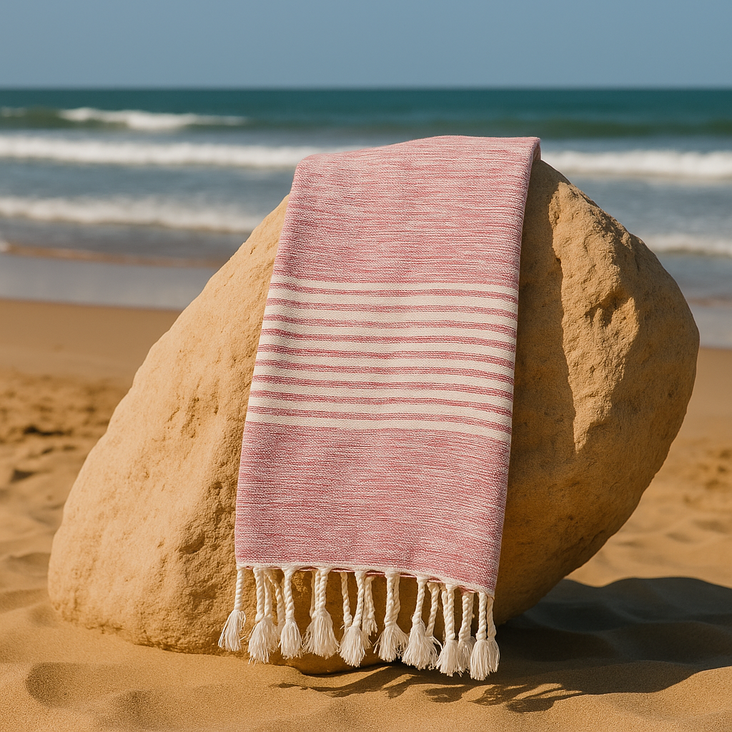 Fouta artisanale rose chiné / rayures écrues