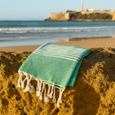 Fouta artisanale verte / rayures blanches