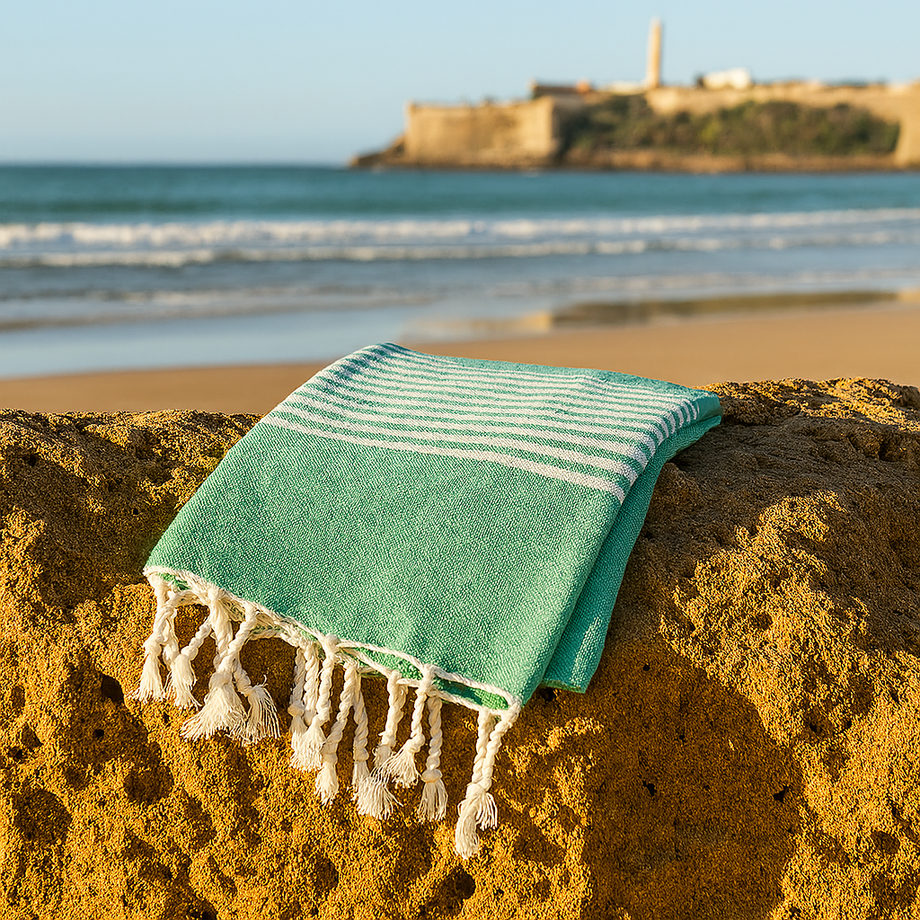 Fouta artisanale verte / rayures blanches