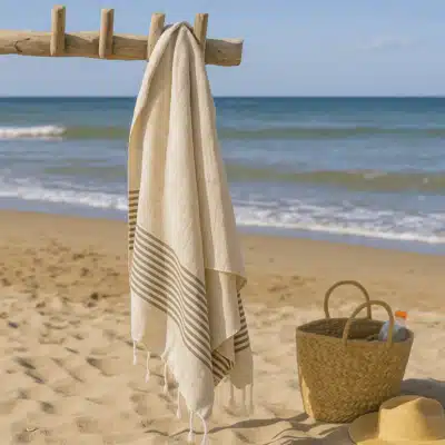 Fouta artisanale écrue / rayures marron