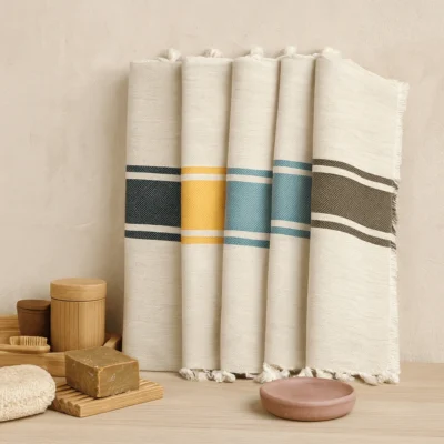 fouta_écrues+couleurs_groupées_ambiance_hammam Fouta artisanale écrues chinées