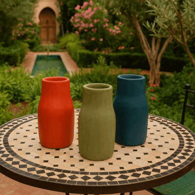 Ensemble de 3 vases en céramique tadelakt H 20 à 23 cm Ensemble de 3 vases de couleurs différentes, en céramique tadelakt, présentés sur une table en zellige dans un jardin - Kanel Déco