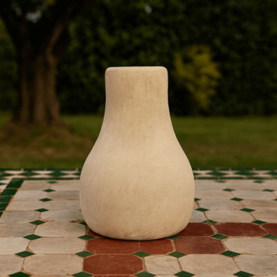 Vase céramique tadelakt blanc chaux H 16 cm mis en scène en extérieur sur table zellige - Artisanat Marocain - Kanel Déco