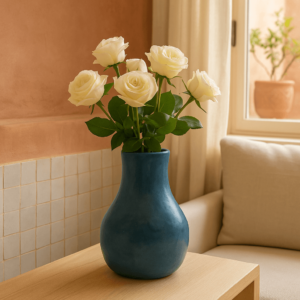 Vase ceramique tadelakt bleu indigo H 15 cm mis en scène salon - artisanat marocain - Kanel Déco