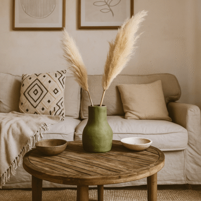 Vase céramique tadelakt vert sauge H 17 cm dans salon bohème chic - artisanat marocain - Kanel Déco